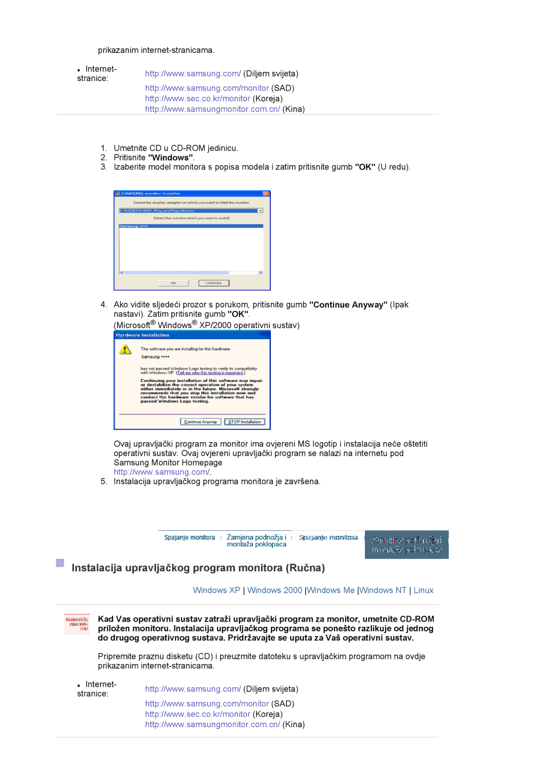 Samsung LS20EDXEB/EDC manual Instalacija upravljačkog program monitora Ručna 