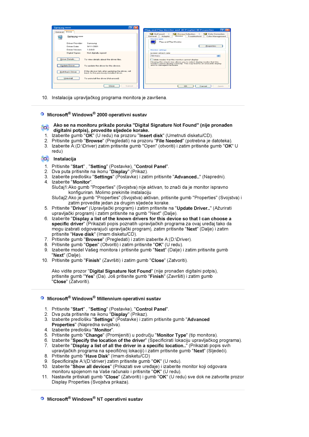 Samsung LS20EDXEB/EDC Instalacija, Microsoft Windows Millennium operativni sustav, Microsoft Windows NT operativni sustav 