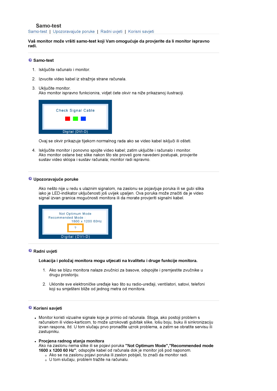 Samsung LS20EDXEB/EDC manual Samo-test, Upozoravajuće poruke, Korisni savjeti, Procjena radnog stanja monitora 