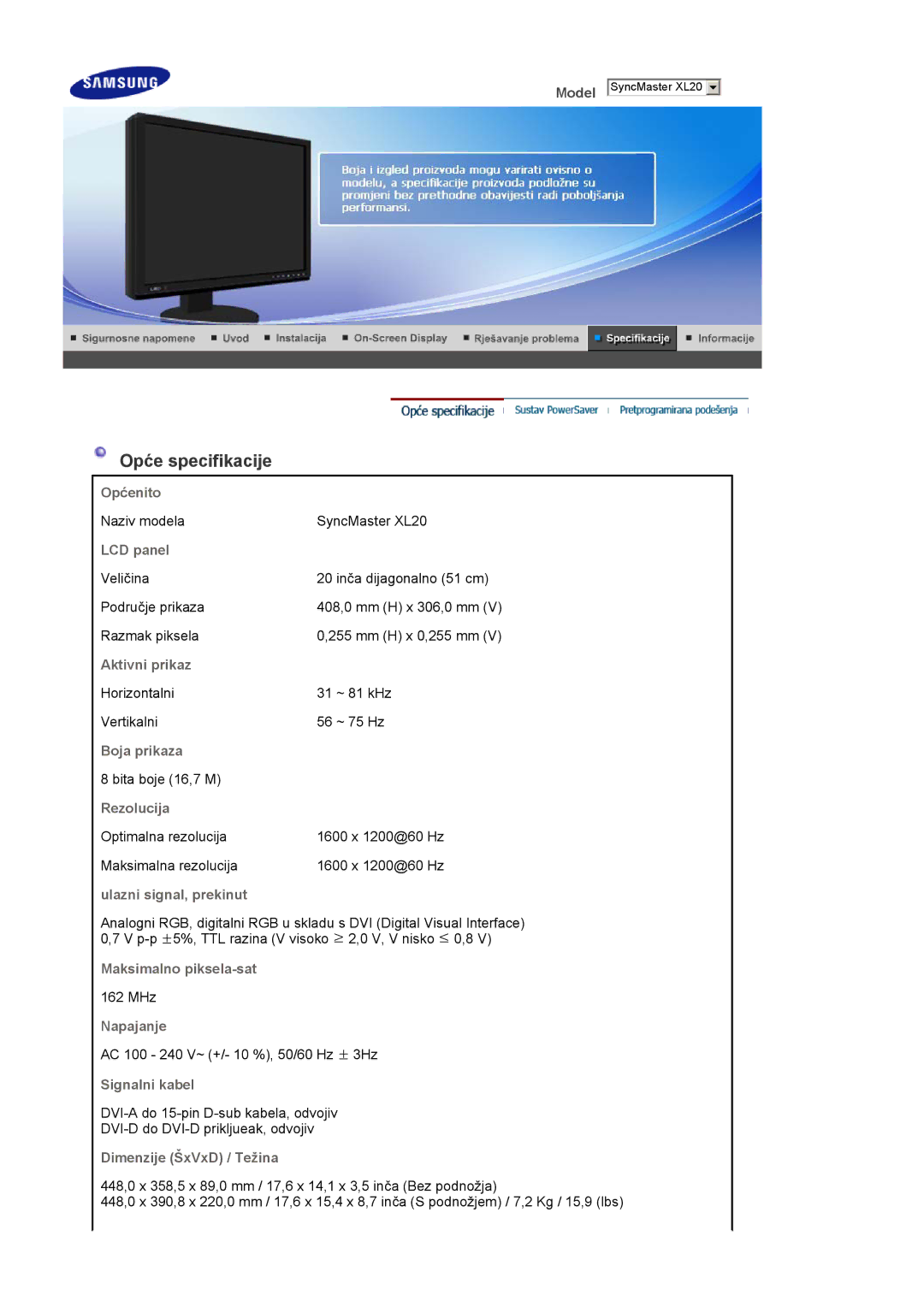 Samsung LS20EDXEB/EDC manual Opće specifikacije 