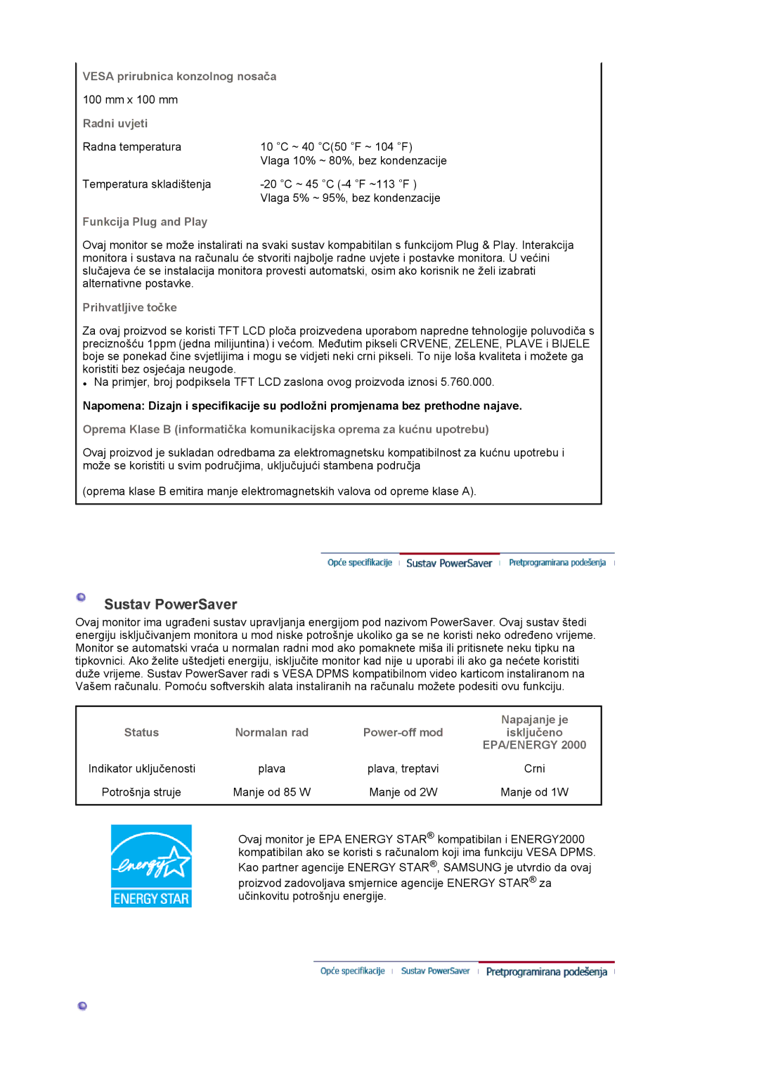 Samsung LS20EDXEB/EDC manual Sustav PowerSaver 