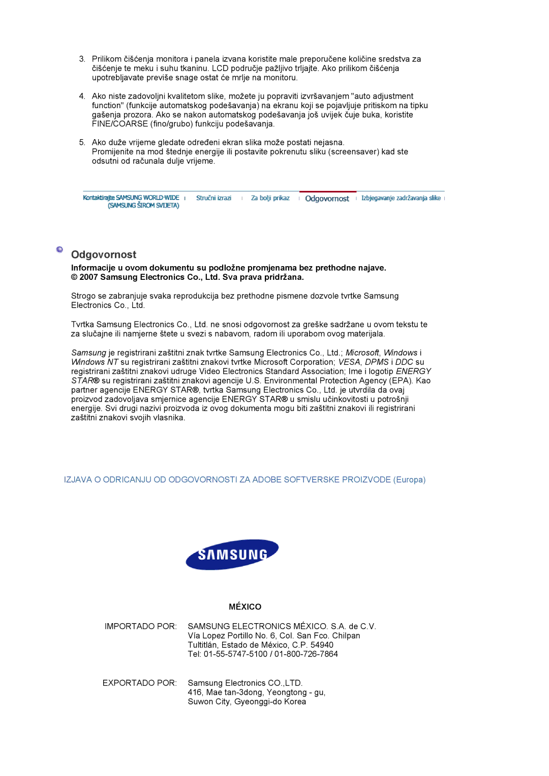 Samsung LS20EDXEB/EDC manual Odgovornost, México 