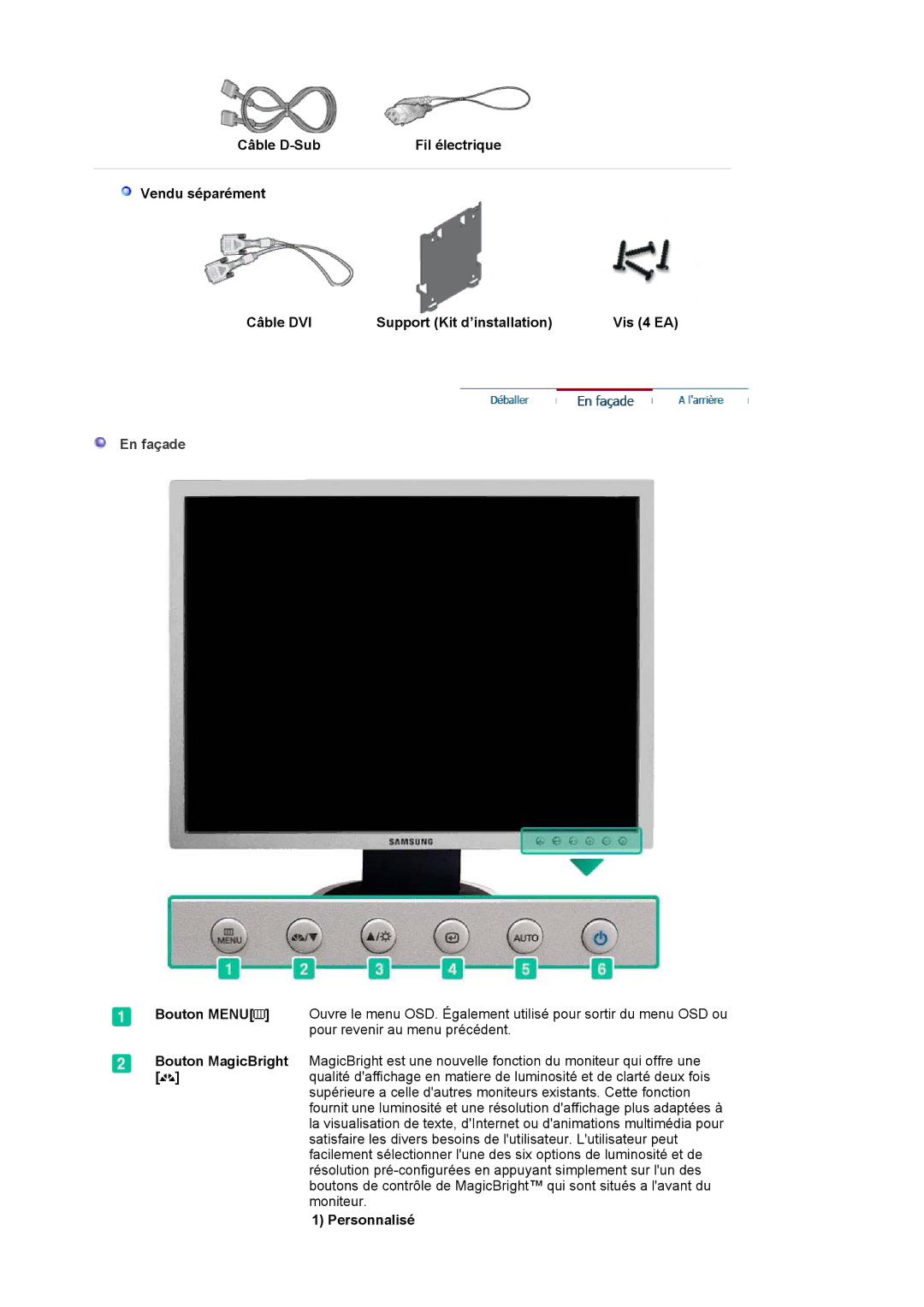 Samsung LS20HABESQ/EDC, LS20HABBSQ/EDC manual En façade, Personnalisé 