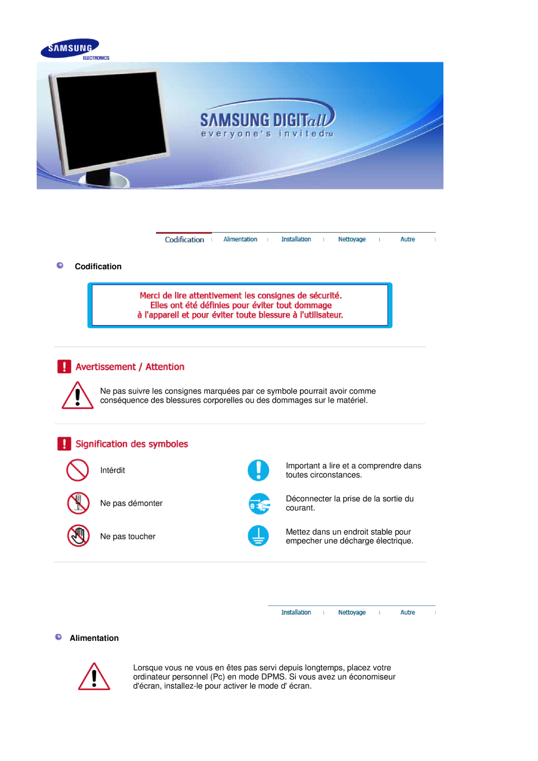 Samsung LS20HABBSQ/EDC, LS20HABESQ/EDC manual Codification, Alimentation 