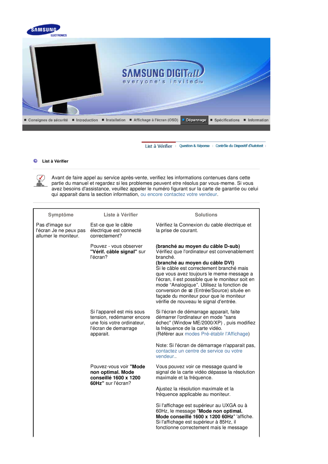 Samsung LS20HABESQ/EDC, LS20HABBSQ/EDC manual Symptôme Liste à Vérifier Solutions, Référer aux modes Pré-établir lAffichage 