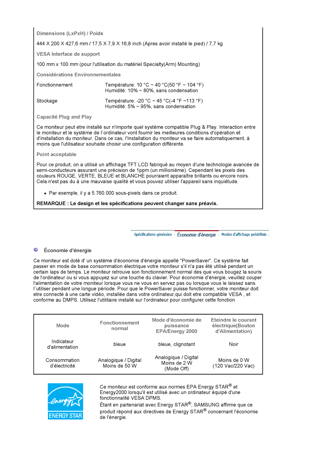 Samsung LS20HABESQ/EDC manual Dimensions LxPxH / Poids, Vesa Interface de support, Considérations Environnementales, Normal 