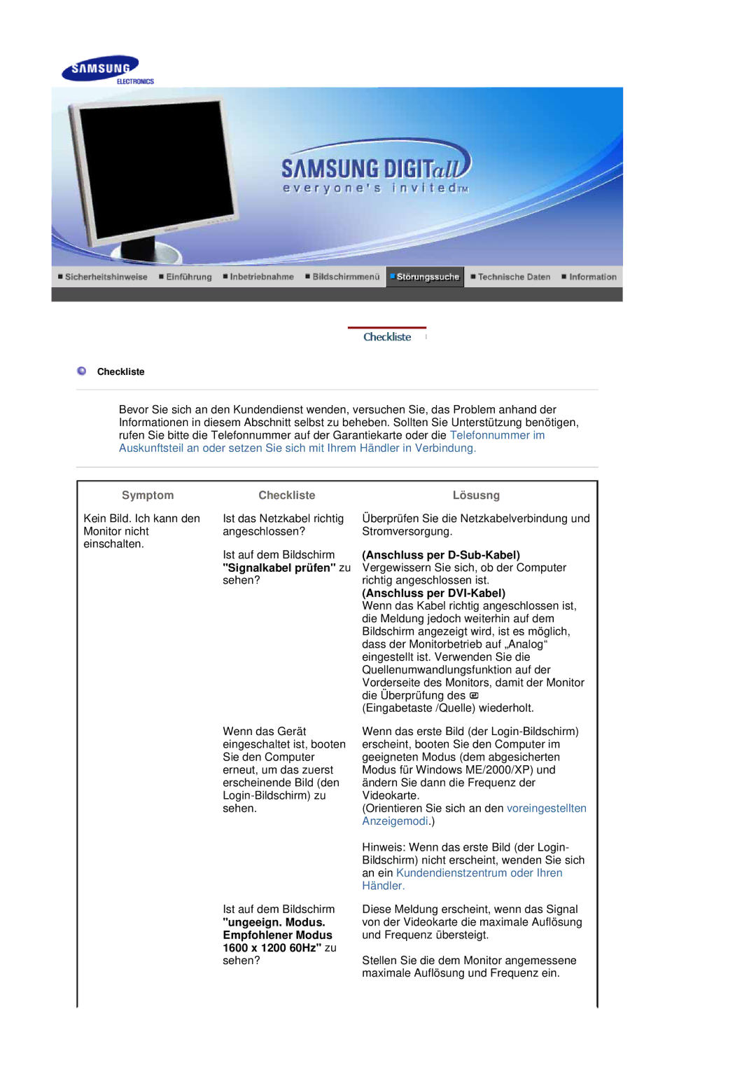 Samsung LS20HABBSQ/EDC, LS20HABESQ/EDC manual Symptom Checkliste Lösusng, Anschluss per D-Sub-Kabel, Signalkabel prüfen zu 