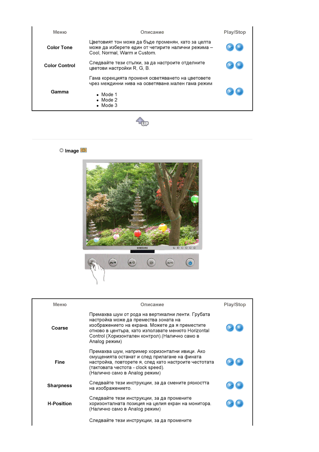 Samsung LS20HABESQ/EDC, LS20HABBSQ/EDC manual Color Tone Color Control Gamma, Image, Coarse Fine, Sharpness Position 