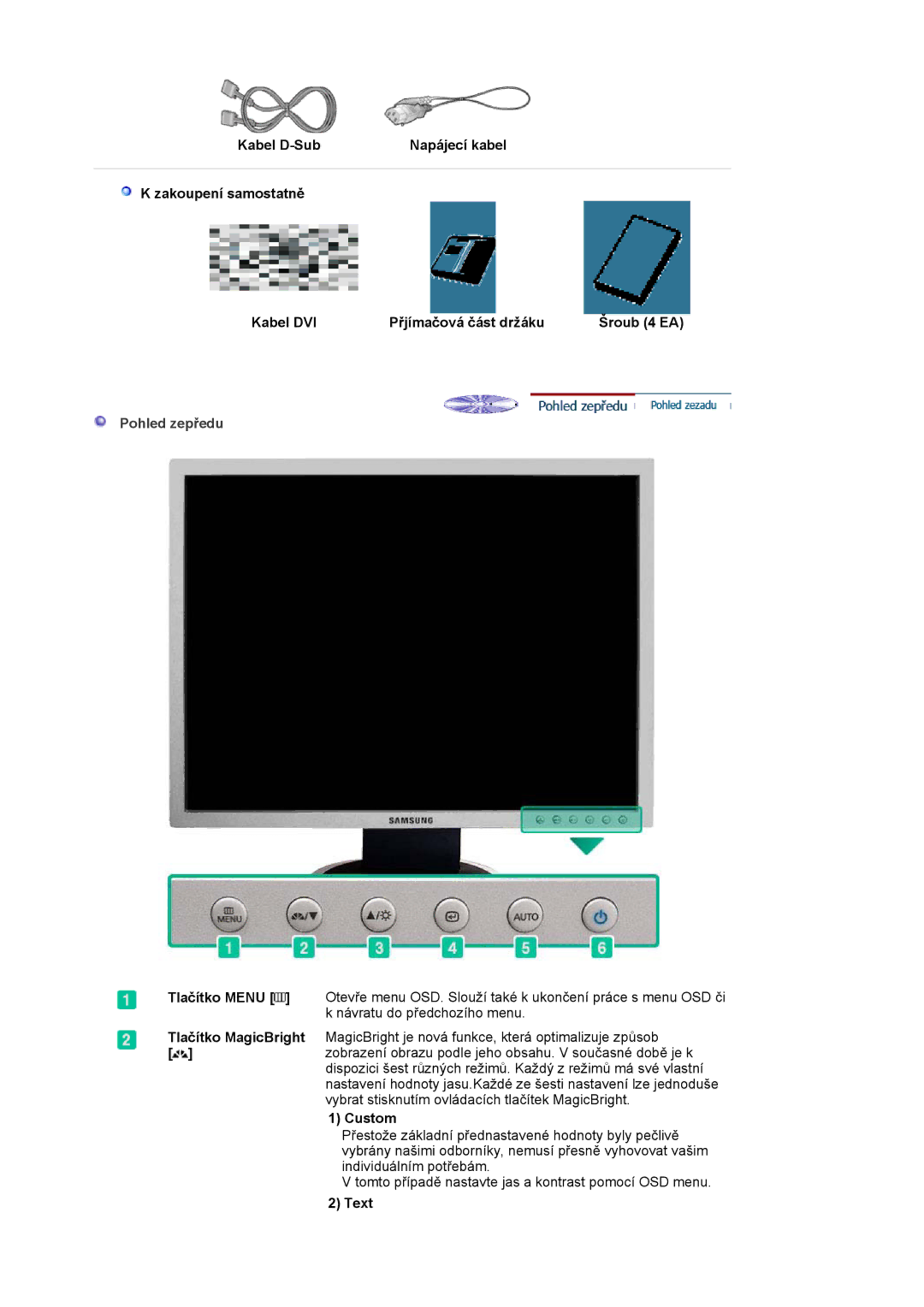 Samsung LS20HABESQ/EDC, LS20HABBSQ/EDC manual Pohled zepředu, Custom, Text 