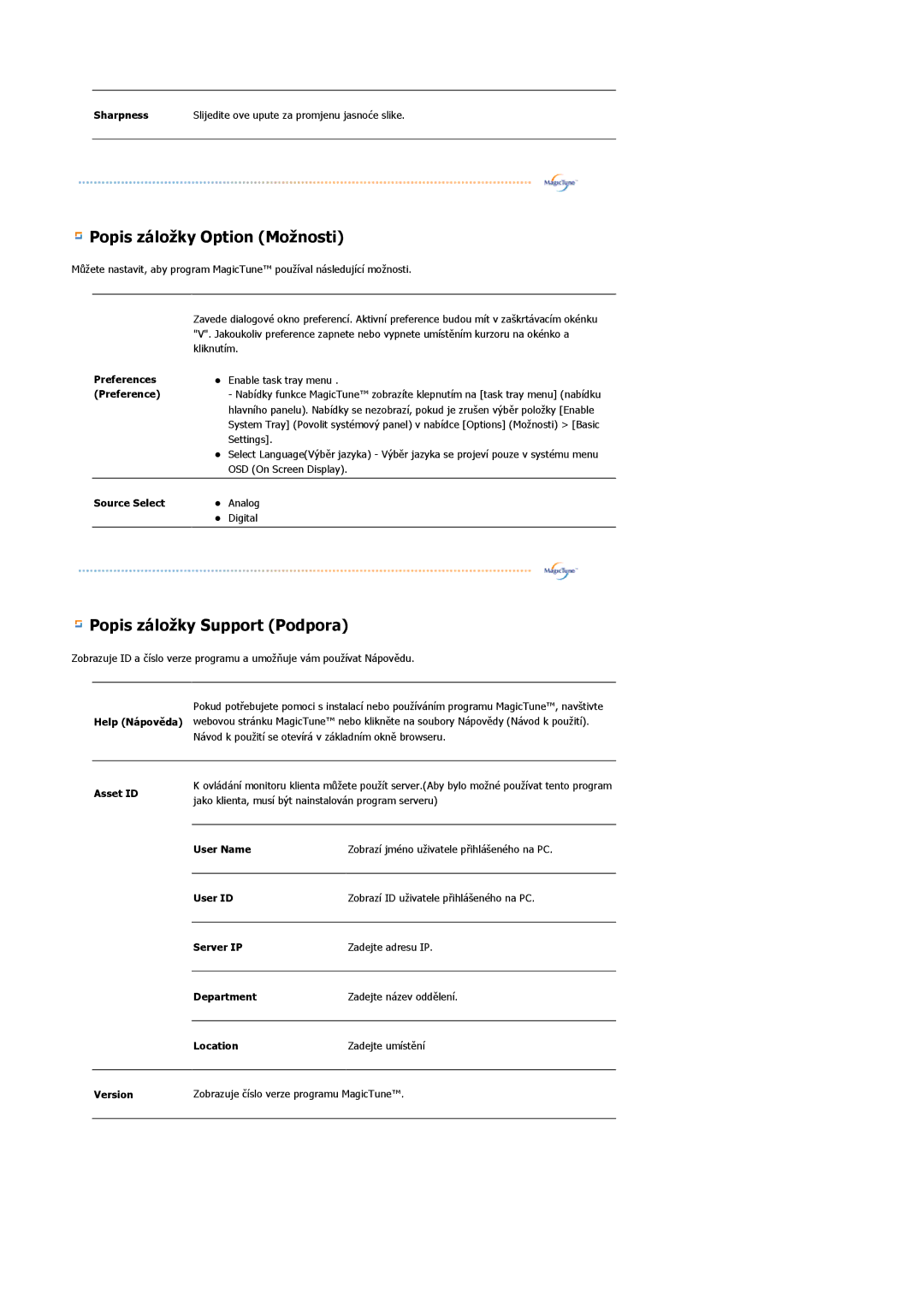 Samsung LS20HABBSQ/EDC, LS20HABESQ/EDC manual Popis záložky Option Možnosti 