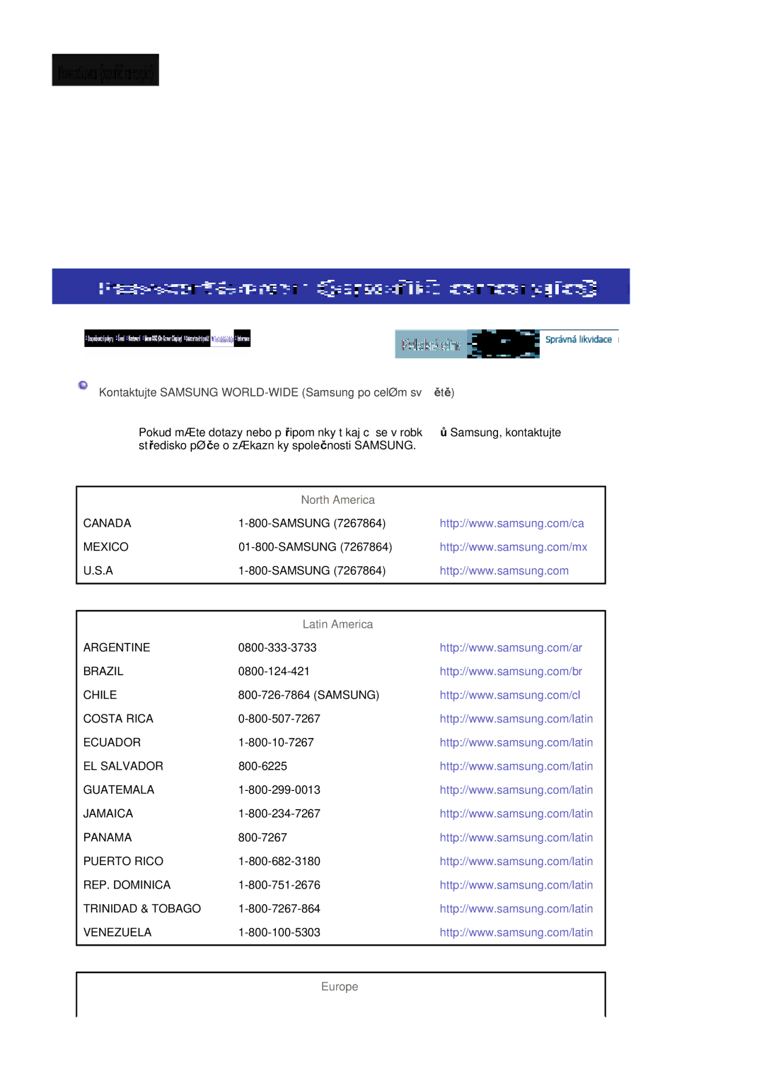 Samsung LS20HABESQ/EDC manual Kontaktujte Samsung WORLD-WIDE Samsung po celém světě, North America, Latin America, Europe 