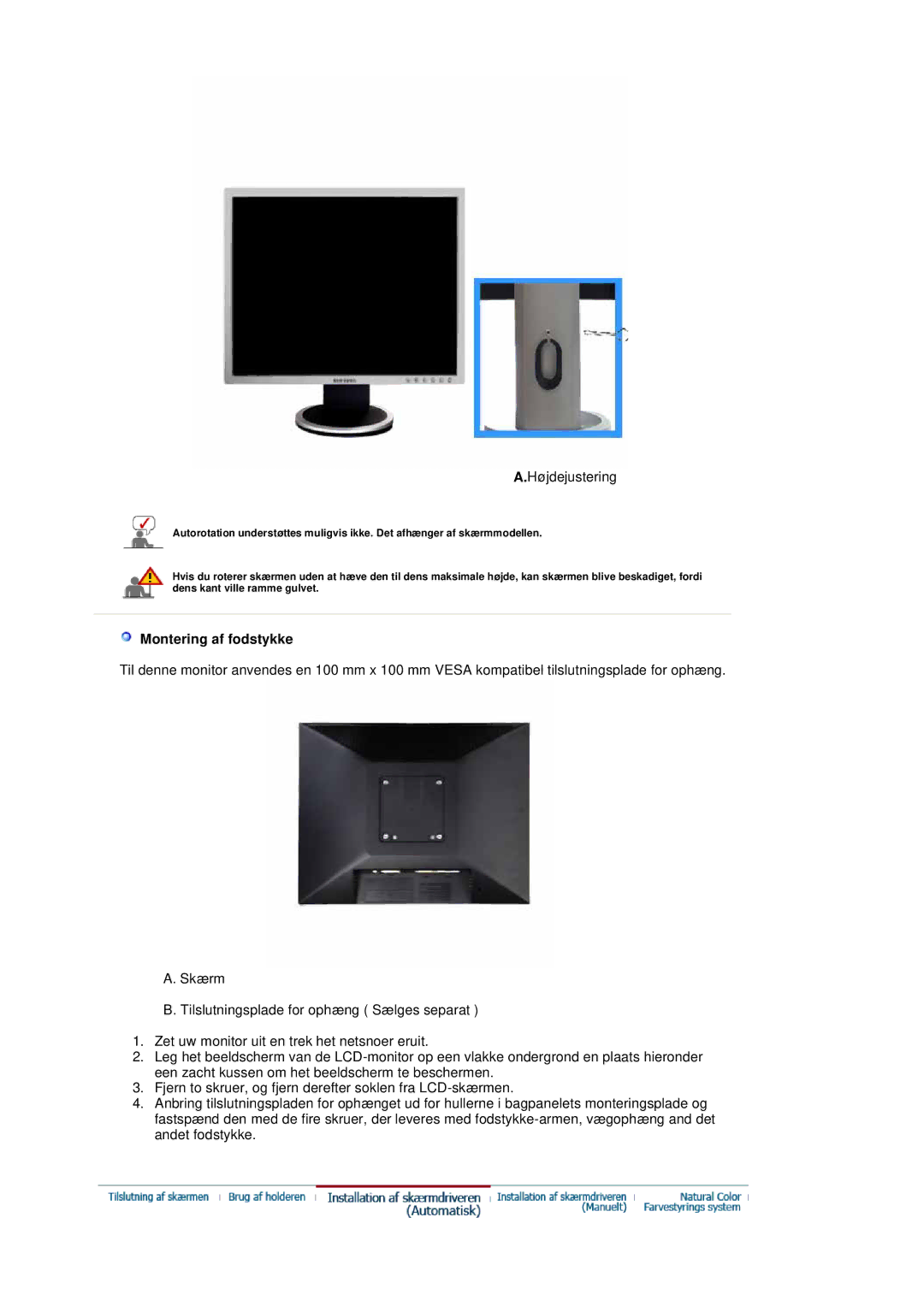 Samsung LS20HABESQ/EDC, LS20HABBSQ/EDC manual Højdejustering, Montering af fodstykke 