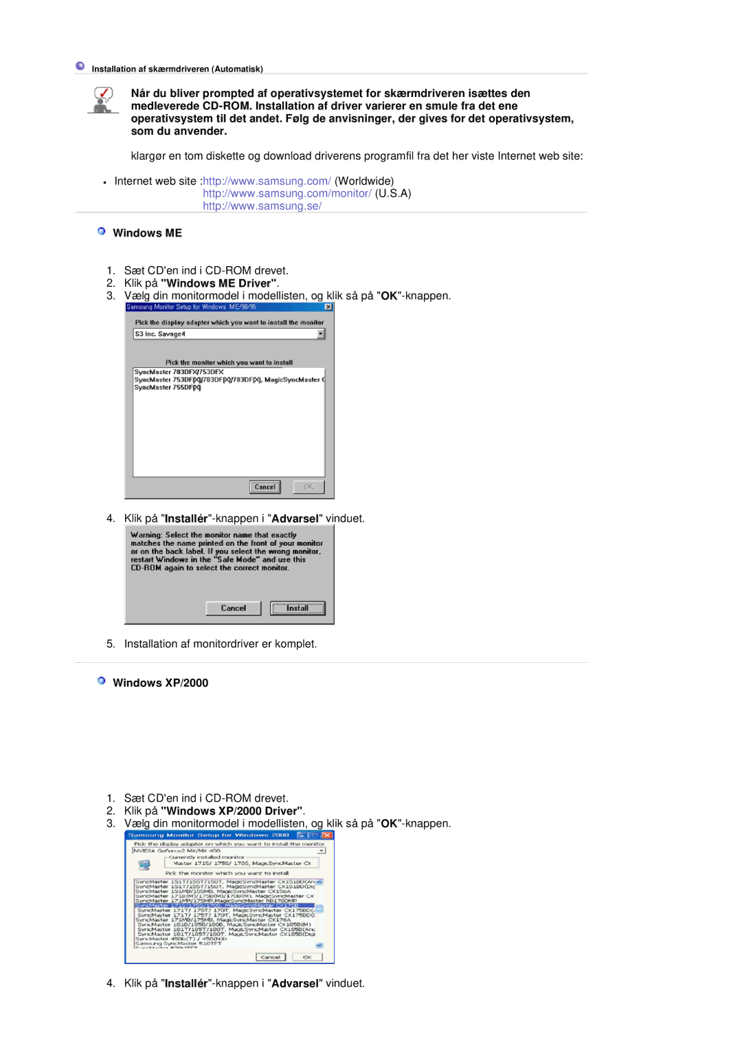 Samsung LS20HABBSQ/EDC, LS20HABESQ/EDC manual Klik på Windows ME Driver, Klik på Windows XP/2000 Driver 