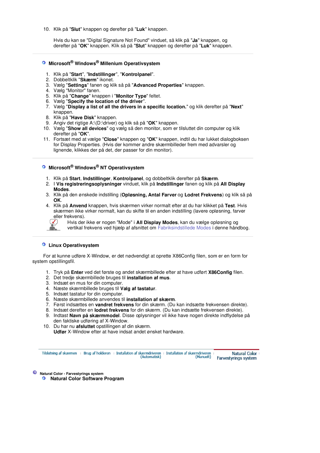 Samsung LS20HABBSQ/EDC manual Microsoft Windows NT Operativsystem, Linux Operativsystem, Natural Color Software Program 