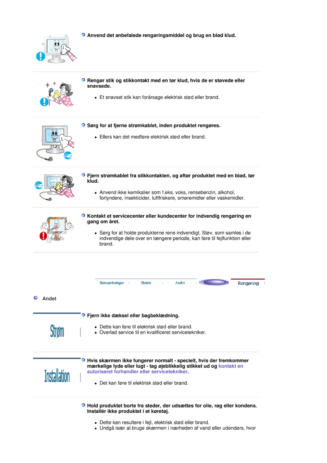 Samsung LS20HABBSQ/EDC, LS20HABESQ/EDC manual Sørg for at fjerne strømkablet, inden produktet rengøres, Andet 