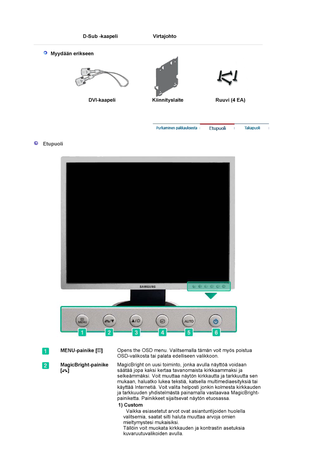 Samsung LS20HABESQ/EDC, LS20HABBSQ/EDC manual Etupuoli, MENU-painike MagicBright-painike, Custom 