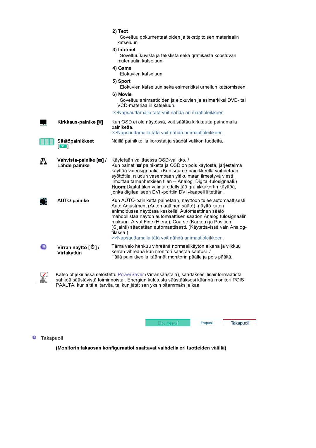 Samsung LS20HABBSQ/EDC, LS20HABESQ/EDC manual Internet, Game, Sport, Movie, Takapuoli 