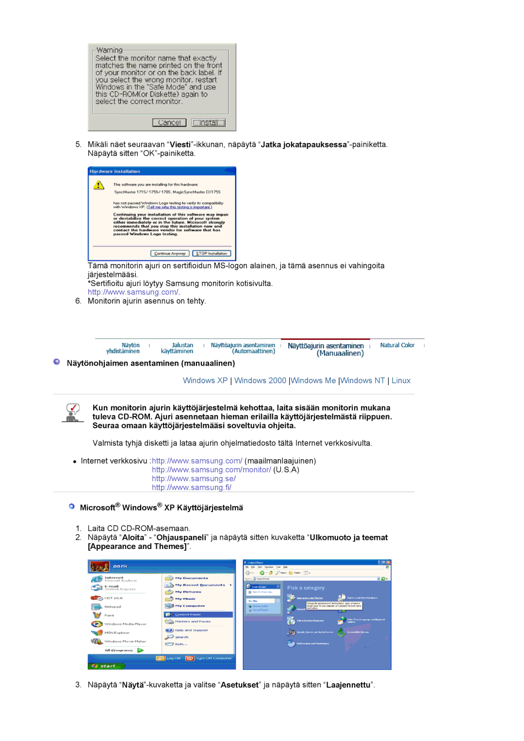 Samsung LS20HABESQ/EDC, LS20HABBSQ/EDC manual Näytönohjaimen asentaminen manuaalinen, Microsoft Windows XP Käyttöjärjestelmä 