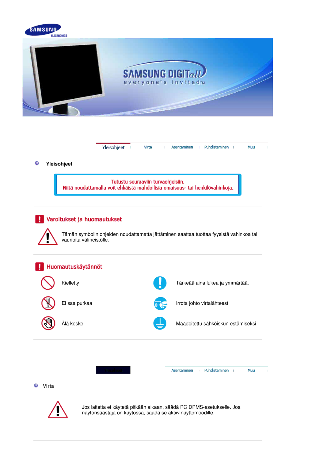 Samsung LS20HABBSQ/EDC, LS20HABESQ/EDC manual Yleisohjeet, Virta 