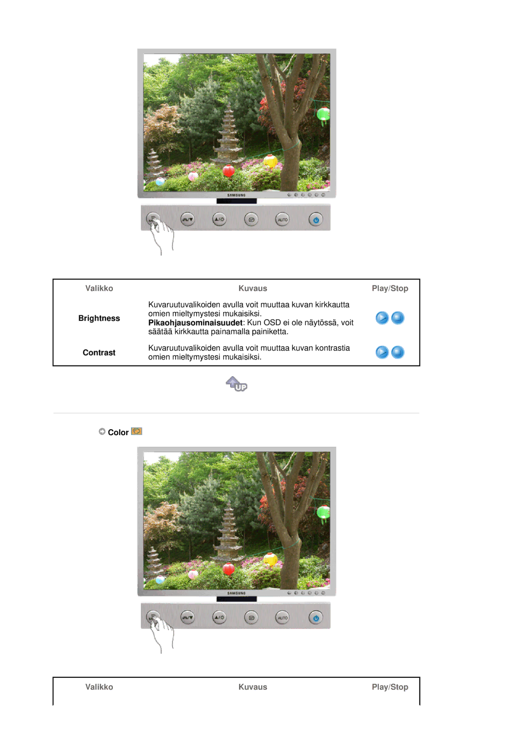 Samsung LS20HABESQ/EDC, LS20HABBSQ/EDC manual Brightness Contrast, KuvausPlay/Stop, Color, Valikko Kuvaus Play/Stop 