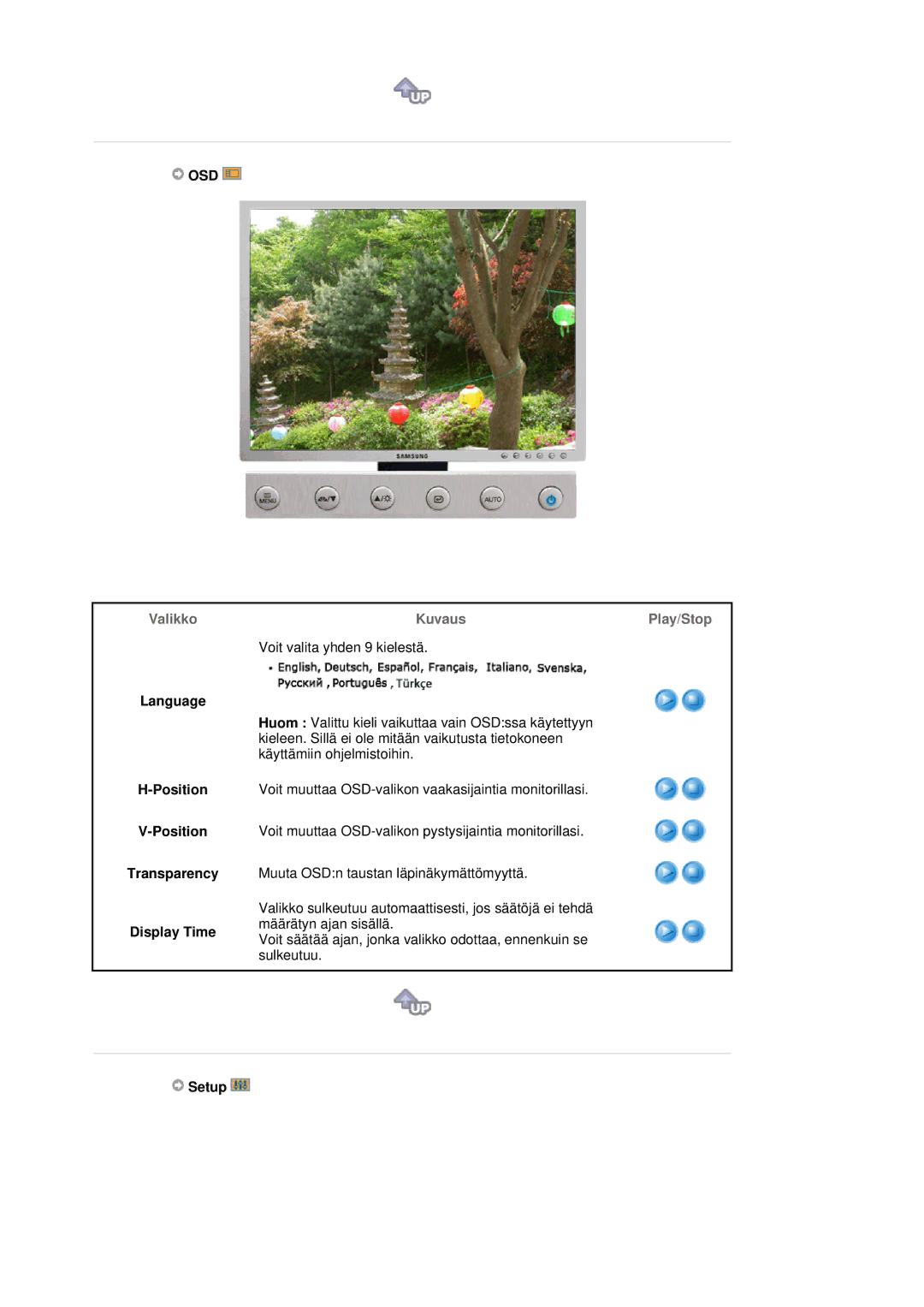 Samsung LS20HABESQ/EDC, LS20HABBSQ/EDC manual Osd, Language, Position Transparency Display Time, Setup 