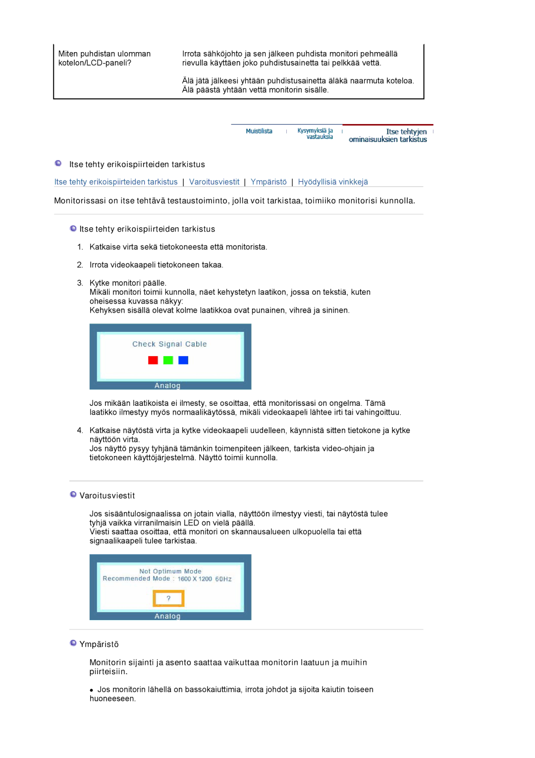 Samsung LS20HABBSQ/EDC, LS20HABESQ/EDC manual Itse tehty erikoispiirteiden tarkistus, Varoitusviestit 