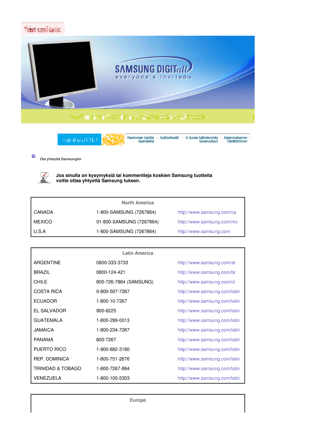 Samsung LS20HABESQ/EDC, LS20HABBSQ/EDC manual North America, Latin America, Europe 