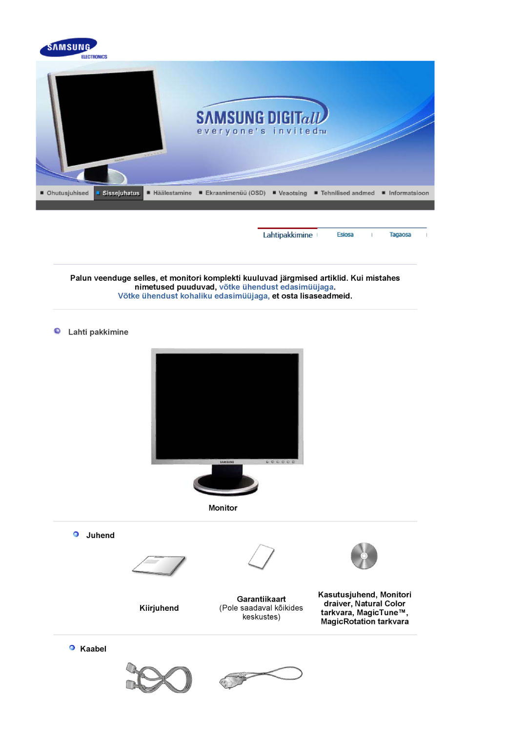 Samsung LS20HABBSQ/EDC, LS20HABESQ/EDC manual Lahti pakkimine, Tarkvara, MagicTune, MagicRotation tarkvara, Kaabel 