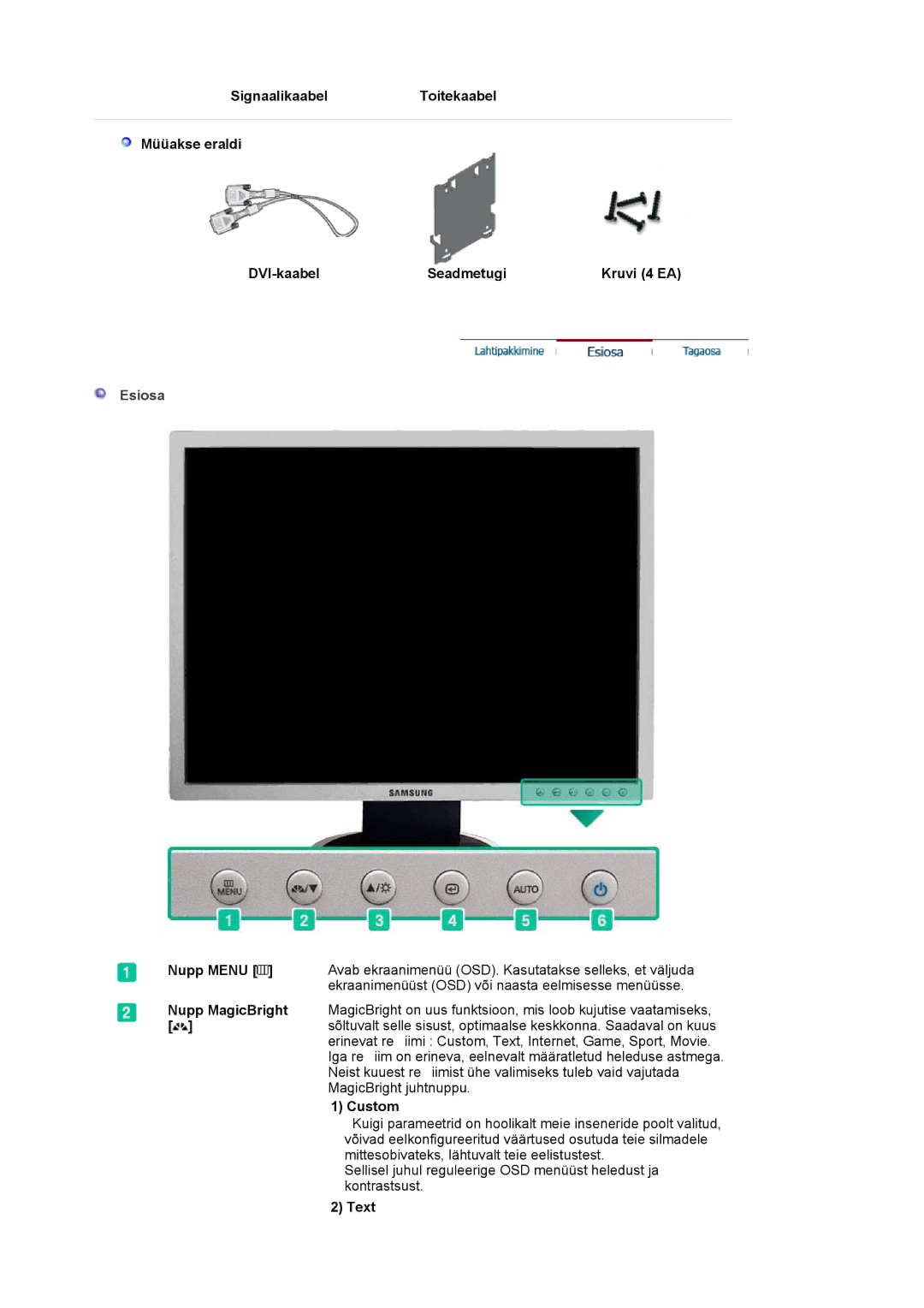 Samsung LS20HABESQ/EDC, LS20HABBSQ/EDC manual Esiosa, Nupp Menu, Custom, Text 