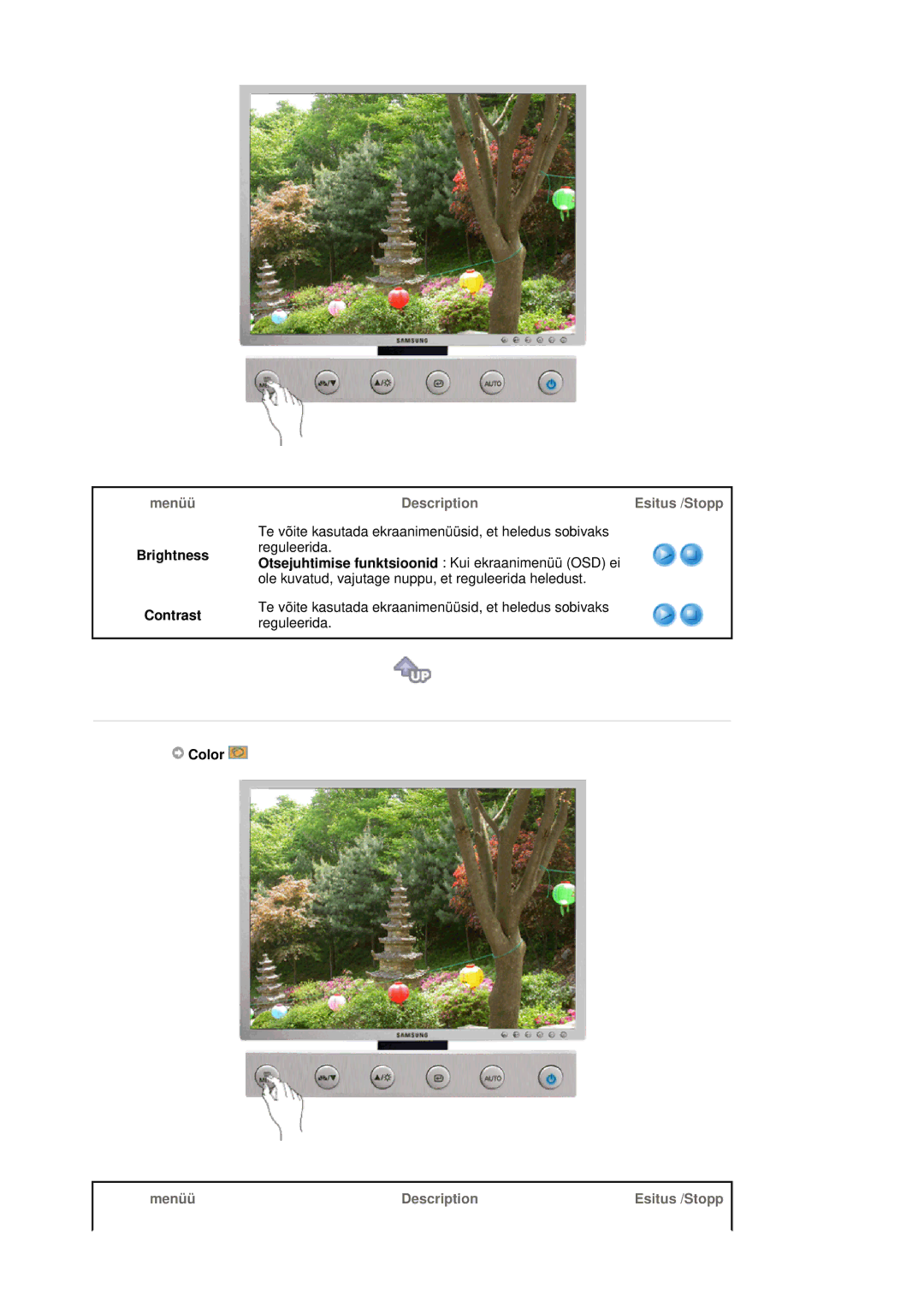 Samsung LS20HABESQ/EDC, LS20HABBSQ/EDC manual Brightness Contrast, Color, Menüü Description Esitus /Stopp 