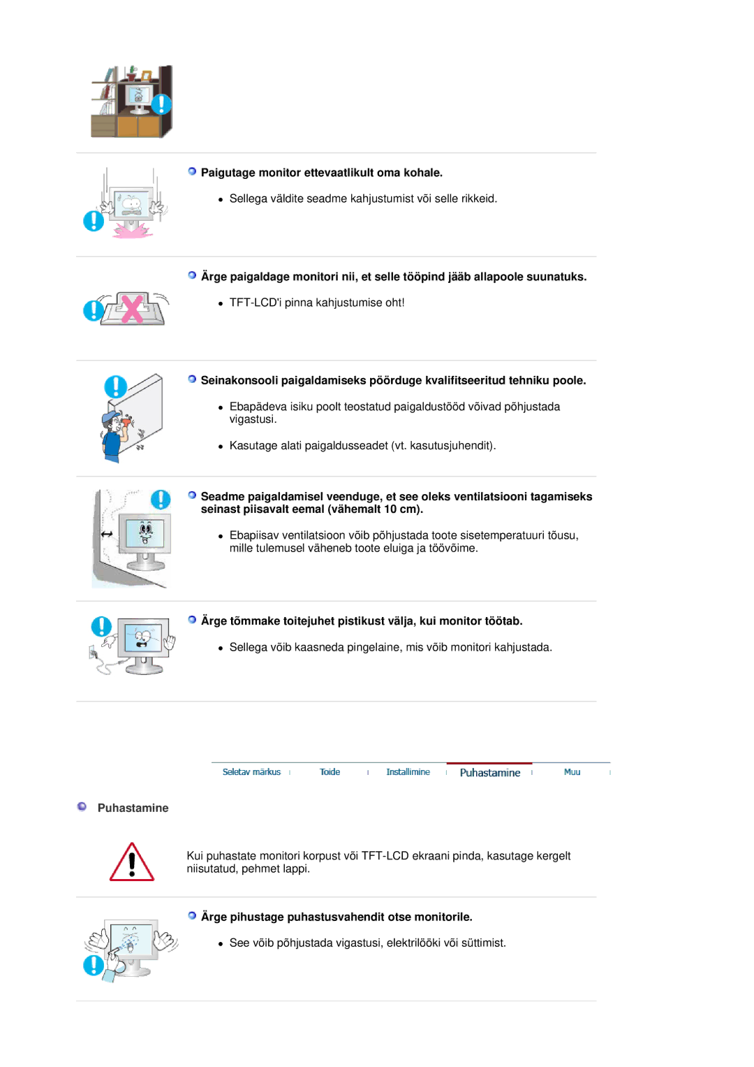 Samsung LS20HABESQ/EDC, LS20HABBSQ/EDC manual Paigutage monitor ettevaatlikult oma kohale, Puhastamine 