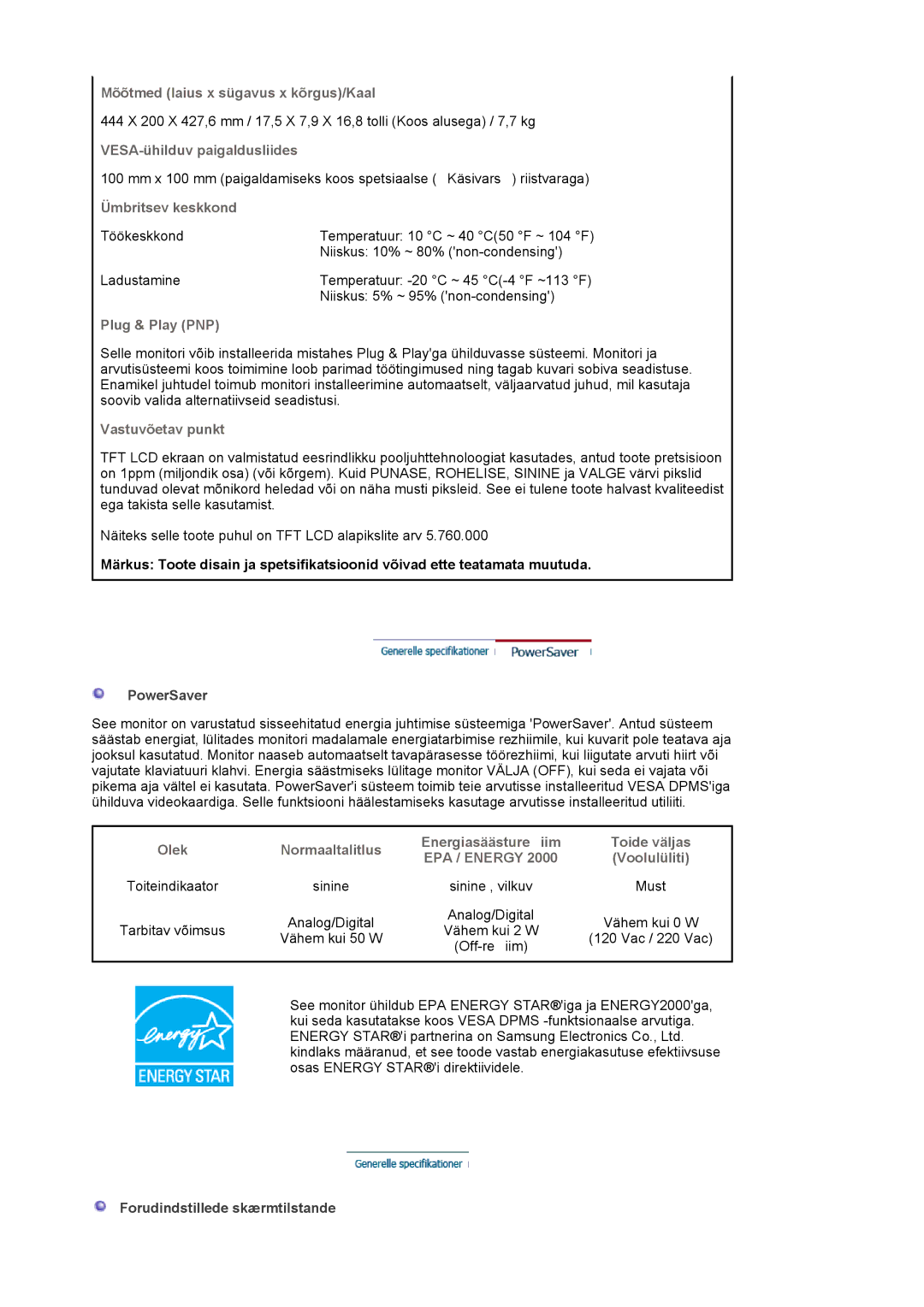 Samsung LS20HABESQ/EDC manual Mõõtmed laius x sügavus x kõrgus/Kaal, VESA-ühilduv paigaldusliides, Ümbritsev keskkond 