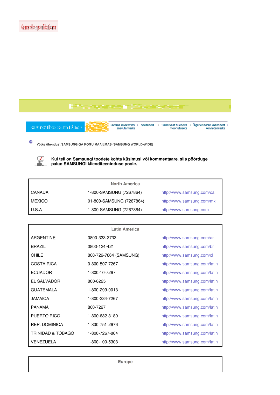 Samsung LS20HABESQ/EDC, LS20HABBSQ/EDC manual North America, Latin America, Europe 