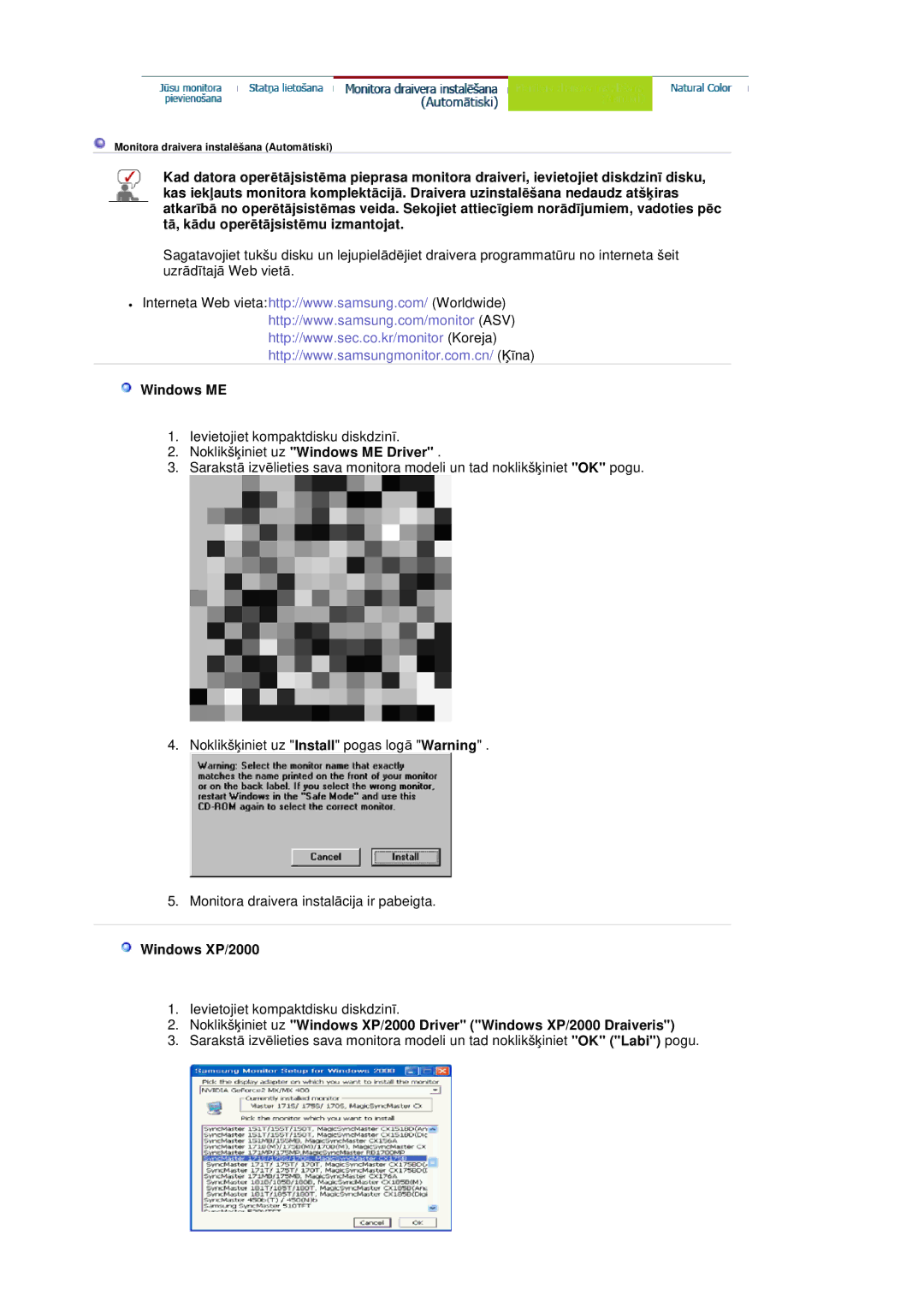 Samsung LS20HABBSQ/EDC, LS20HABESQ/EDC manual NoklikšƷiniet uz Windows ME Driver, Windows XP/2000 