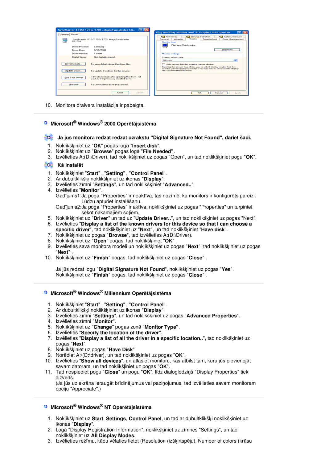 Samsung LS20HABBSQ/EDC KƗ instalƝt, Microsoft Windows Millennium OperƝtƗjsistƝma, Microsoft Windows NT OperƝtƗjsistƝma 