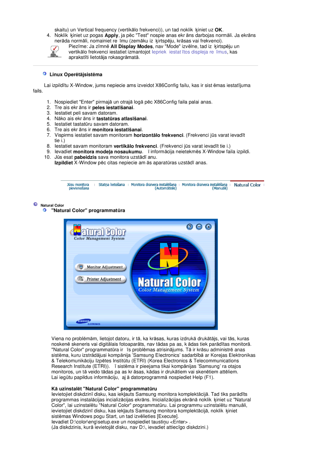 Samsung LS20HABESQ/EDC manual Linux OperƝtƗjsistƝma, NƗkošais ekrƗns ir tastatǌras atlasƯšanai, Natural Color programmatǌra 