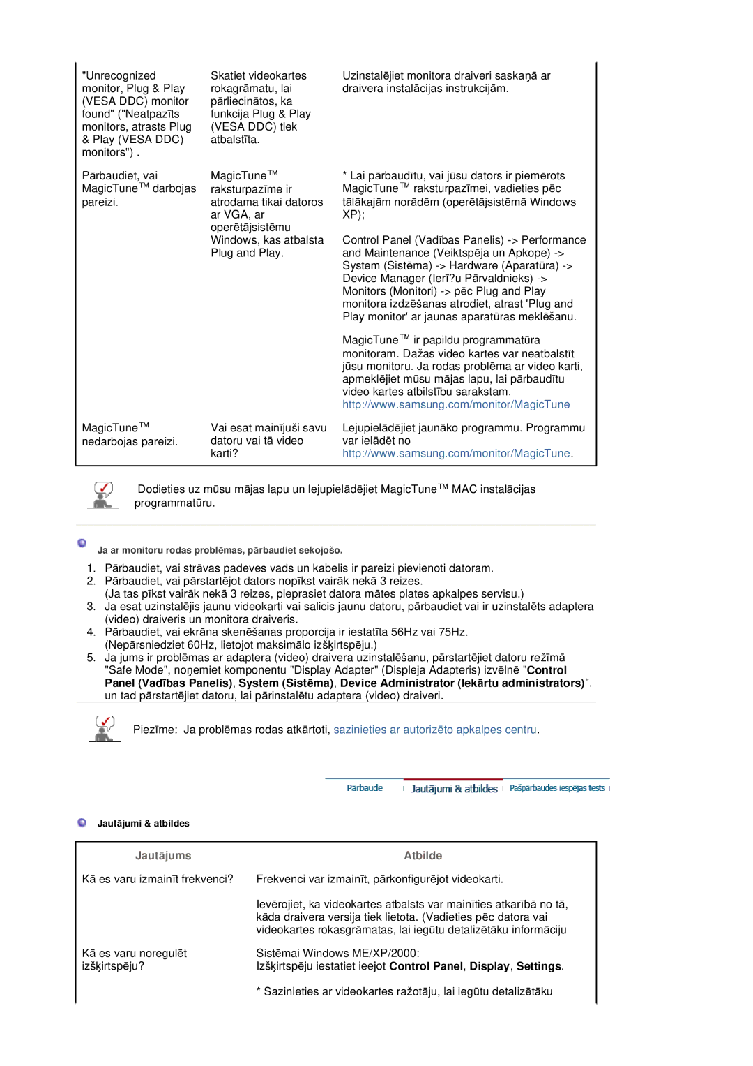 Samsung LS20HABBSQ/EDC, LS20HABESQ/EDC manual JautƗjums Atbilde 