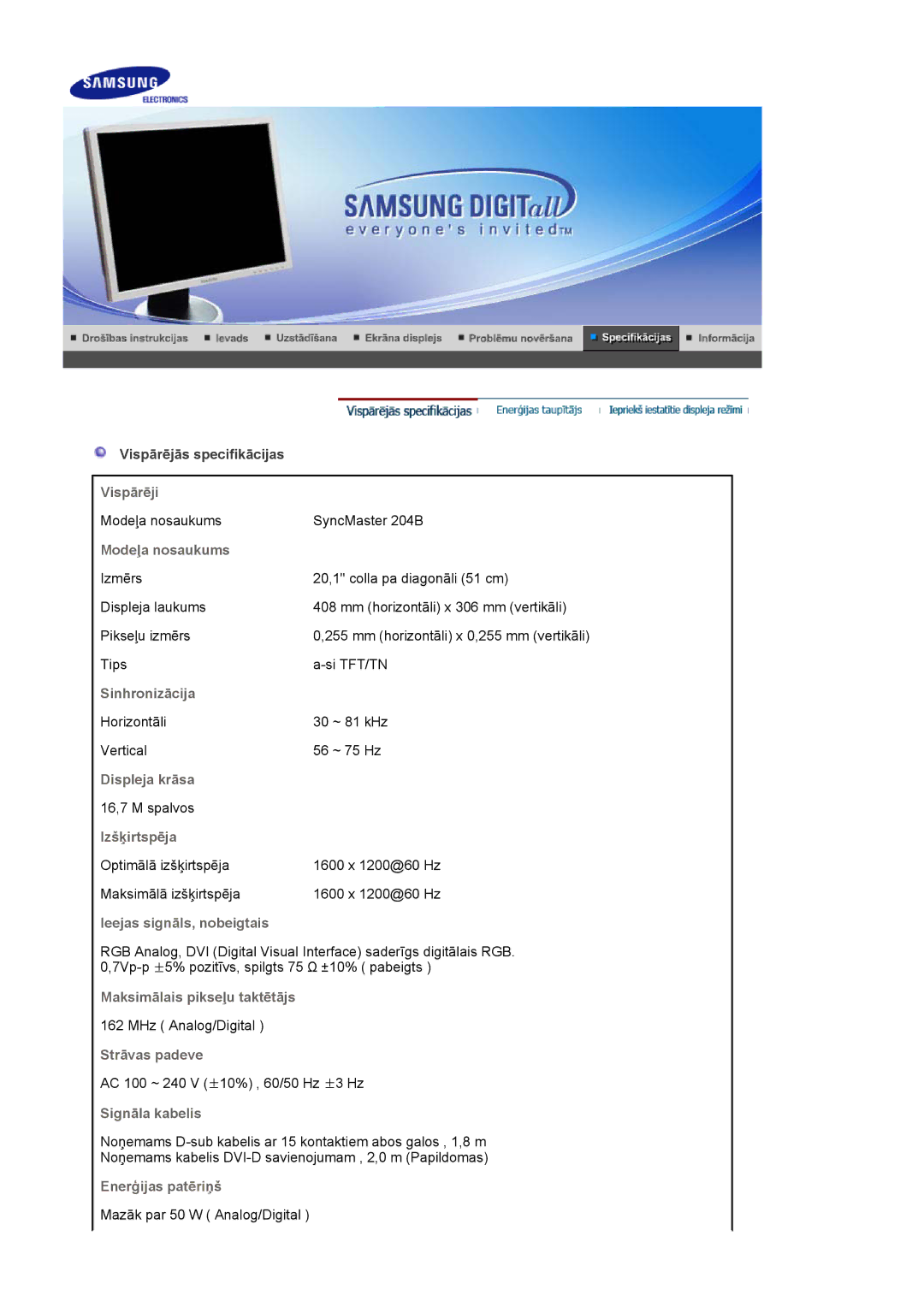 Samsung LS20HABESQ/EDC manual Vispārēji, Modeļa nosaukums, Sinhronizācija, Displeja krāsa, Izšķirtspēja, Strāvas padeve 