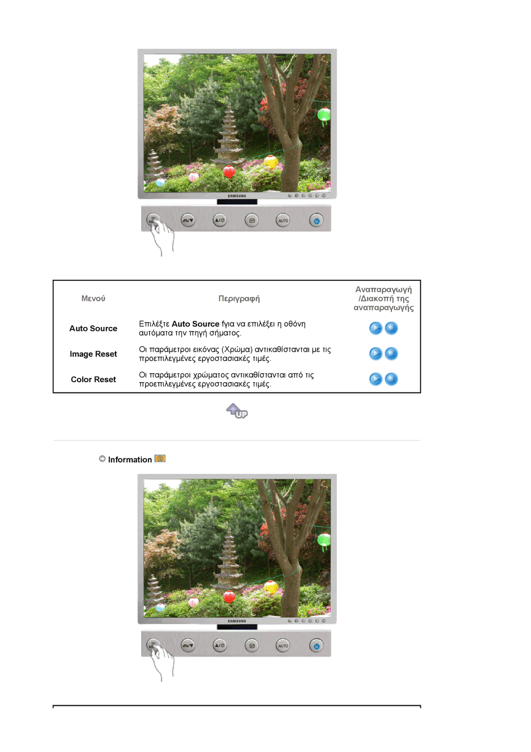 Samsung LS20HABBSQ/EDC Auto Source Image Reset Color Reset, Αναπαραγωγή Περιγραφή/Διακοπή της αναπαραγωγής, Information 