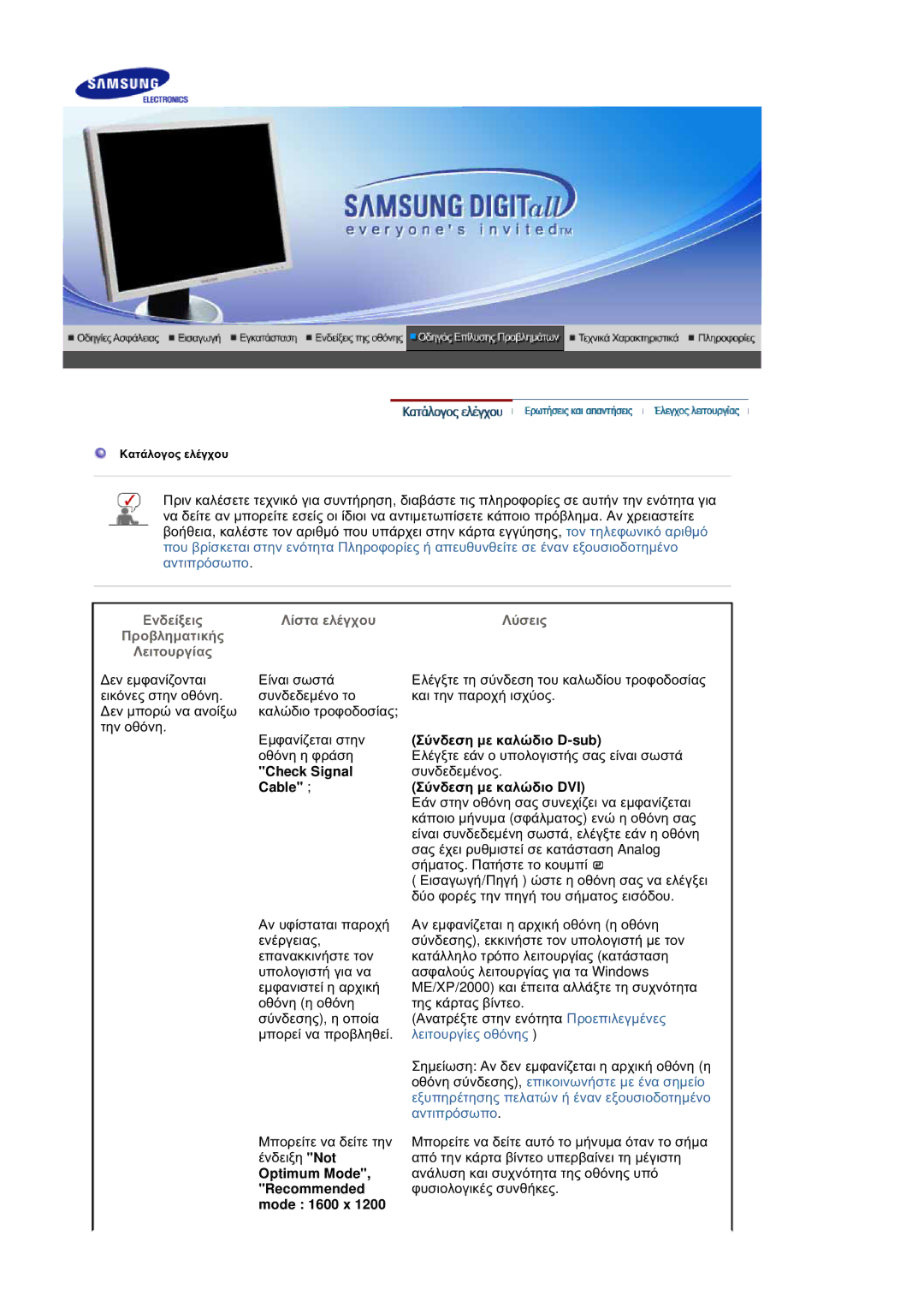 Samsung LS20HABESQ/EDC manual ȀȓıĲĮ İȜȑȖȤȠȣ ȀȪıİȚȢ, ȈȪȞįİıȘ ȝİ țĮȜȫįȚȠ D-sub, Check Signal, Cable ȈȪȞįİıȘ ȝİ țĮȜȫįȚȠ DVI 