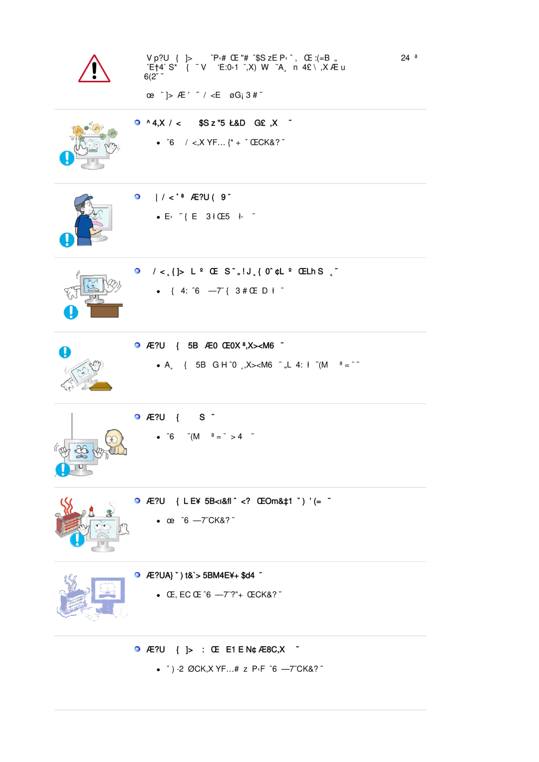 Samsung LS20HABBSQ/EDC 把你的显示器放在一个湿度低而且灰尘尽量少的地方。, 在搬动显示器时小心不要摔下来。, 将显示器基座安装到陈列柜或搁板，以免其基座末端从陈列柜或隔板凸出。, 不要将本产品放置在不稳或窄小的表面上。 