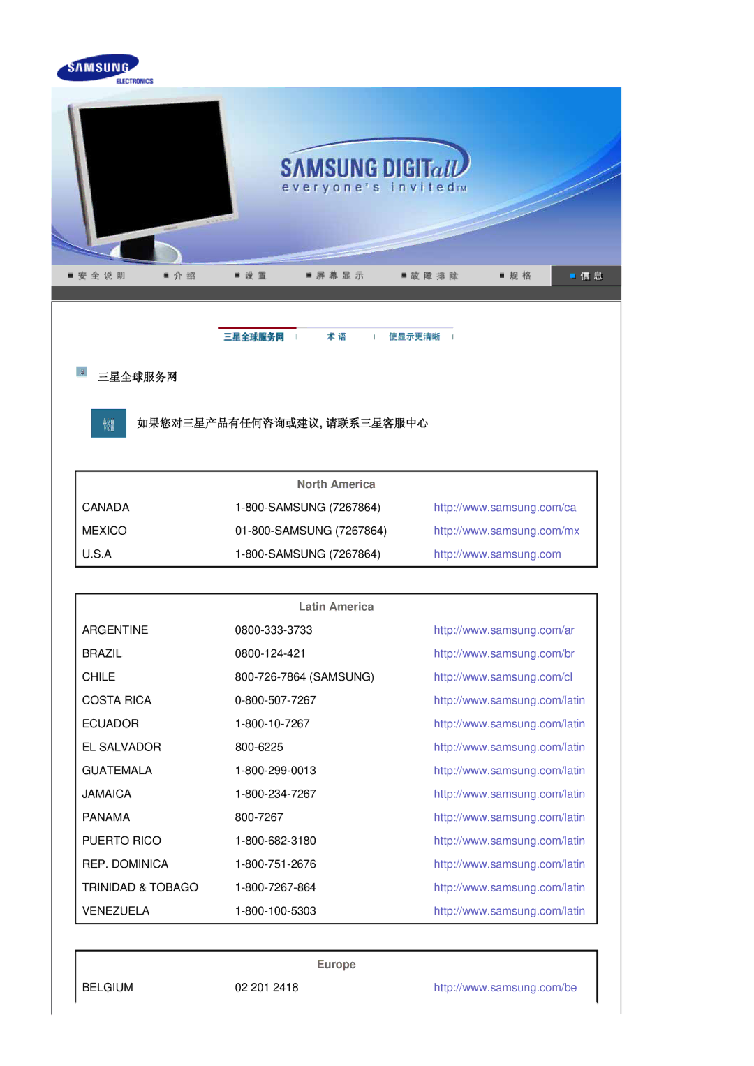 Samsung LS20HABESQ/EDC, LS20HABBSQ/EDC manual 三星全球服务网 如果您对三星产品有任何咨询或建议, 请联系三星客服中心, Latin America 