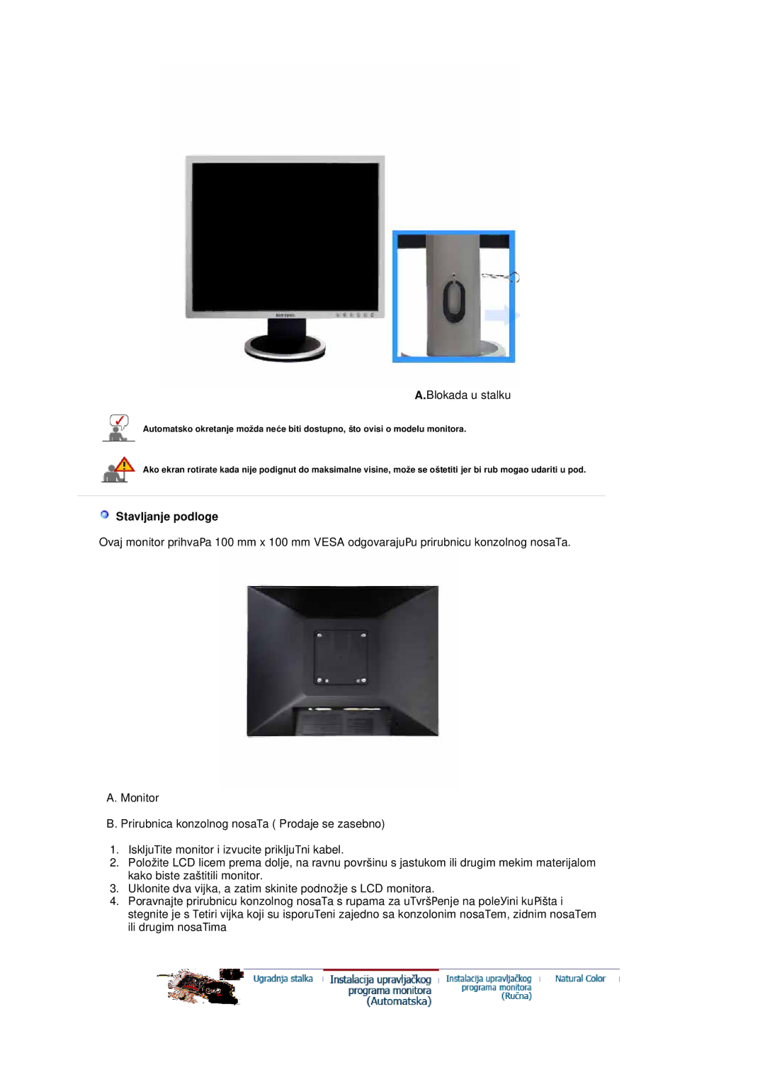 Samsung LS20HABESQ/EDC, LS20HABBSQ/EDC manual Blokada u stalku, Stavljanje podloge 