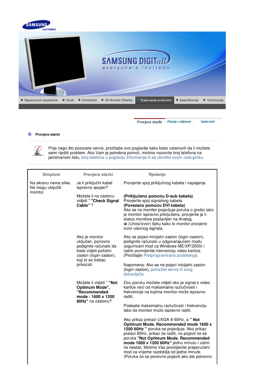 Samsung LS20HABESQ/EDC, LS20HABBSQ/EDC manual Simptom, Provjera stavki Rješenje 