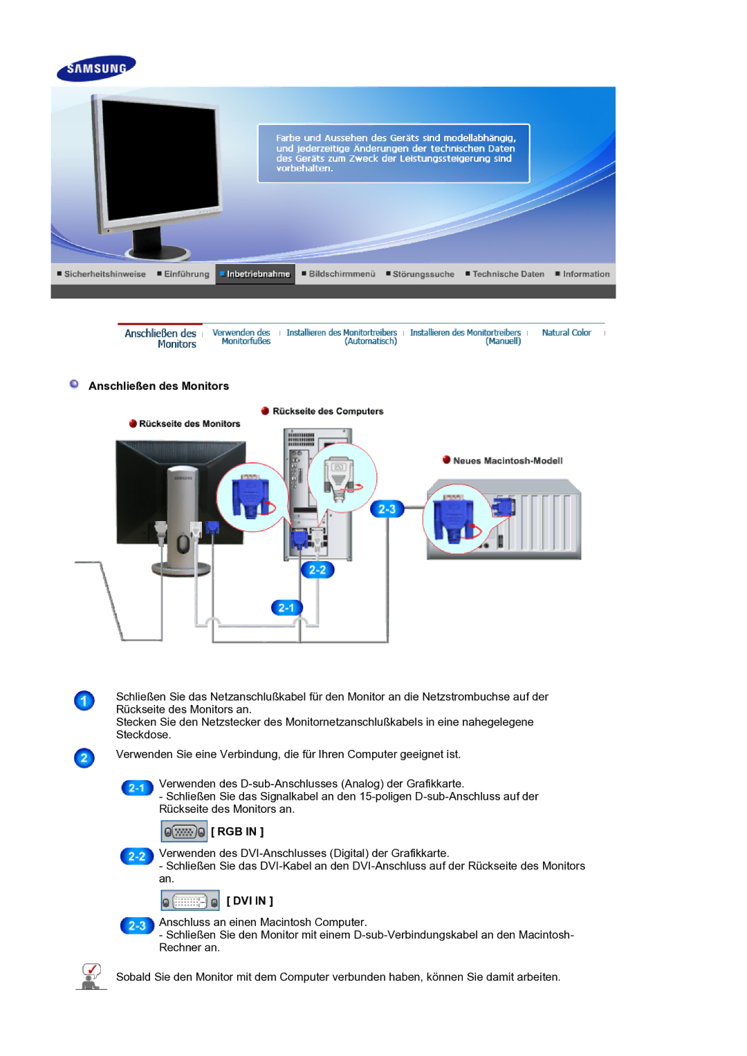 Samsung LS20HAMBSQ/EDC manual Anschließen des Monitors, Rgb, Dvi 