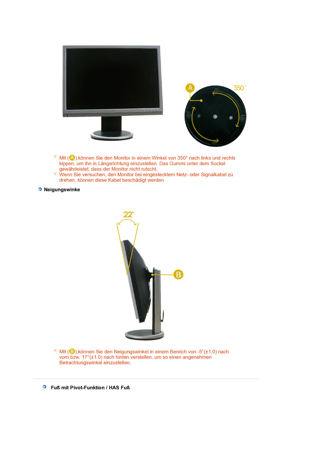 Samsung LS20HAMBSQ/EDC manual Neigungswinke, Fuß mit Pivot-Funktion / has Fuß 