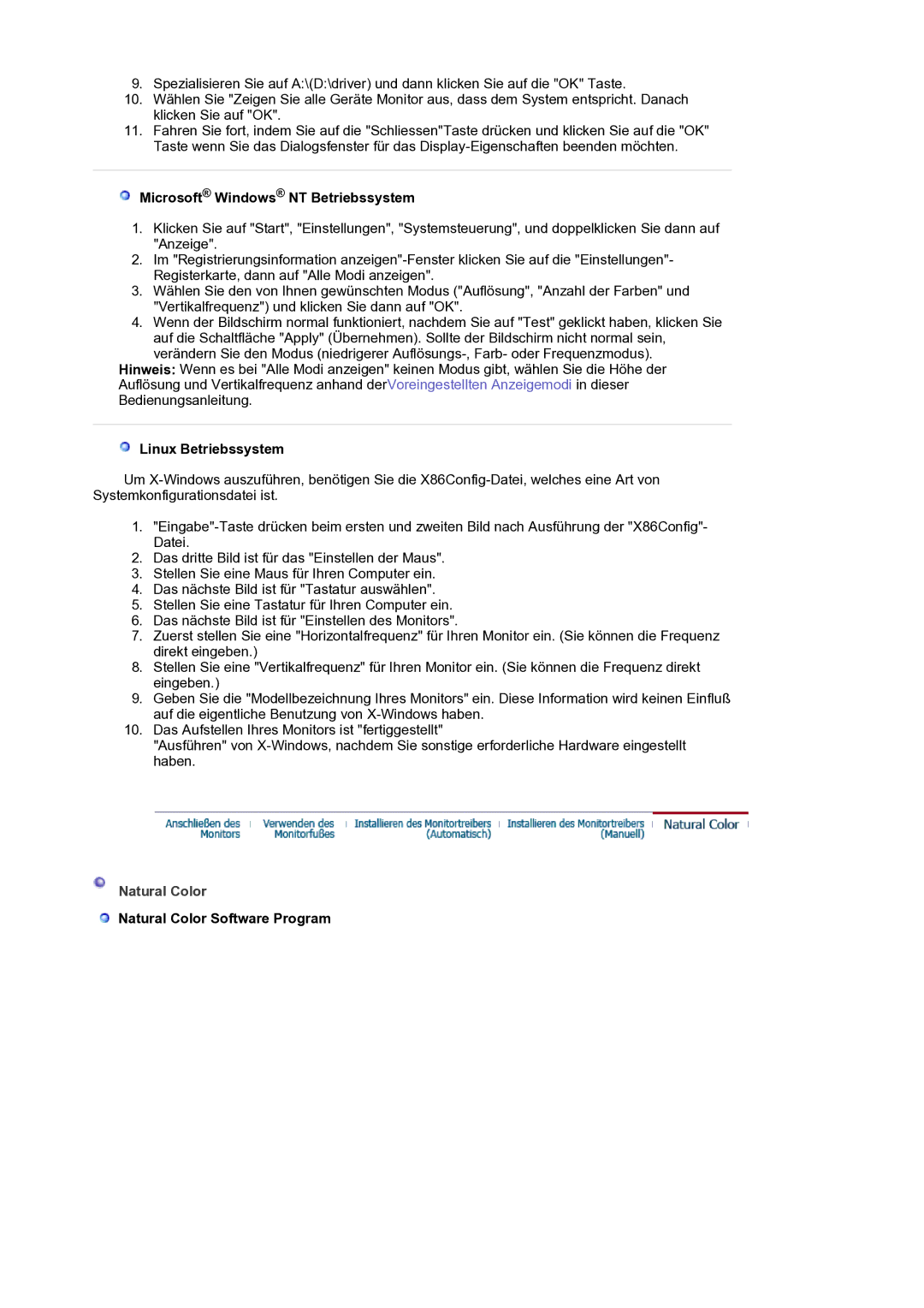 Samsung LS20HAMBSQ/EDC manual Microsoft Windows NT Betriebssystem, Linux Betriebssystem, Natural Color 