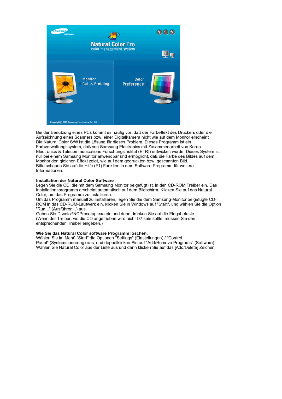 Samsung LS20HAMBSQ/EDC manual Installation der Natural Color Software, Wie Sie das Natural Color software Programm löschen 