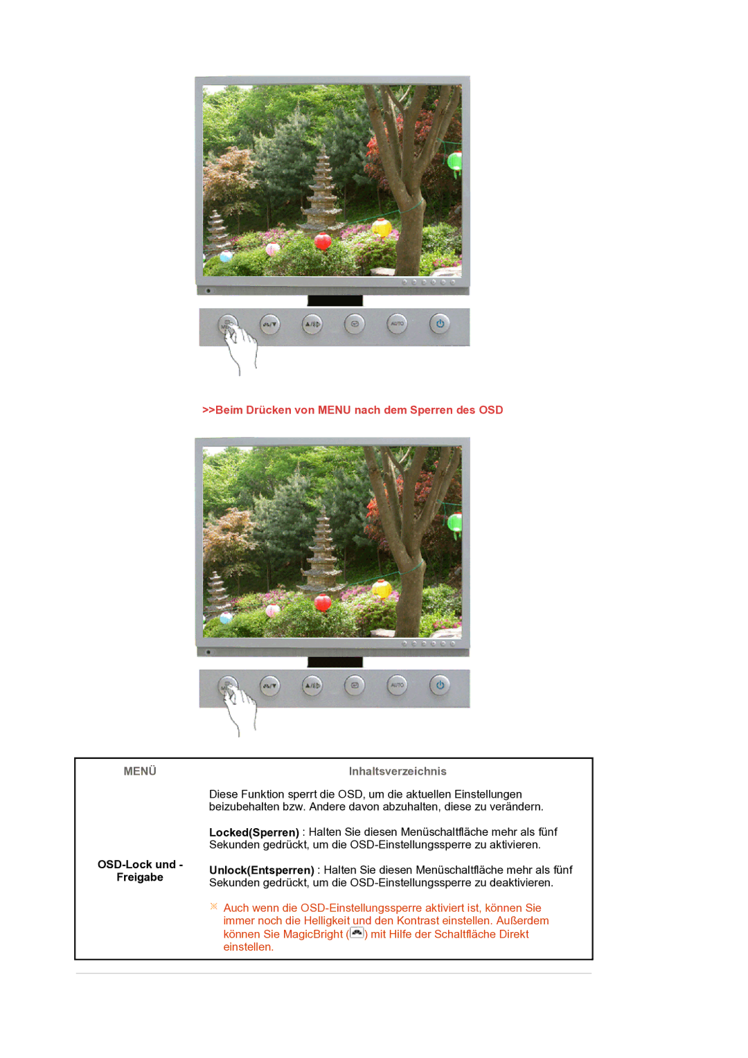 Samsung LS20HAMBSQ/EDC manual OSD-Lock und Freigabe, Beim Drücken von Menu nach dem Sperren des OSD 