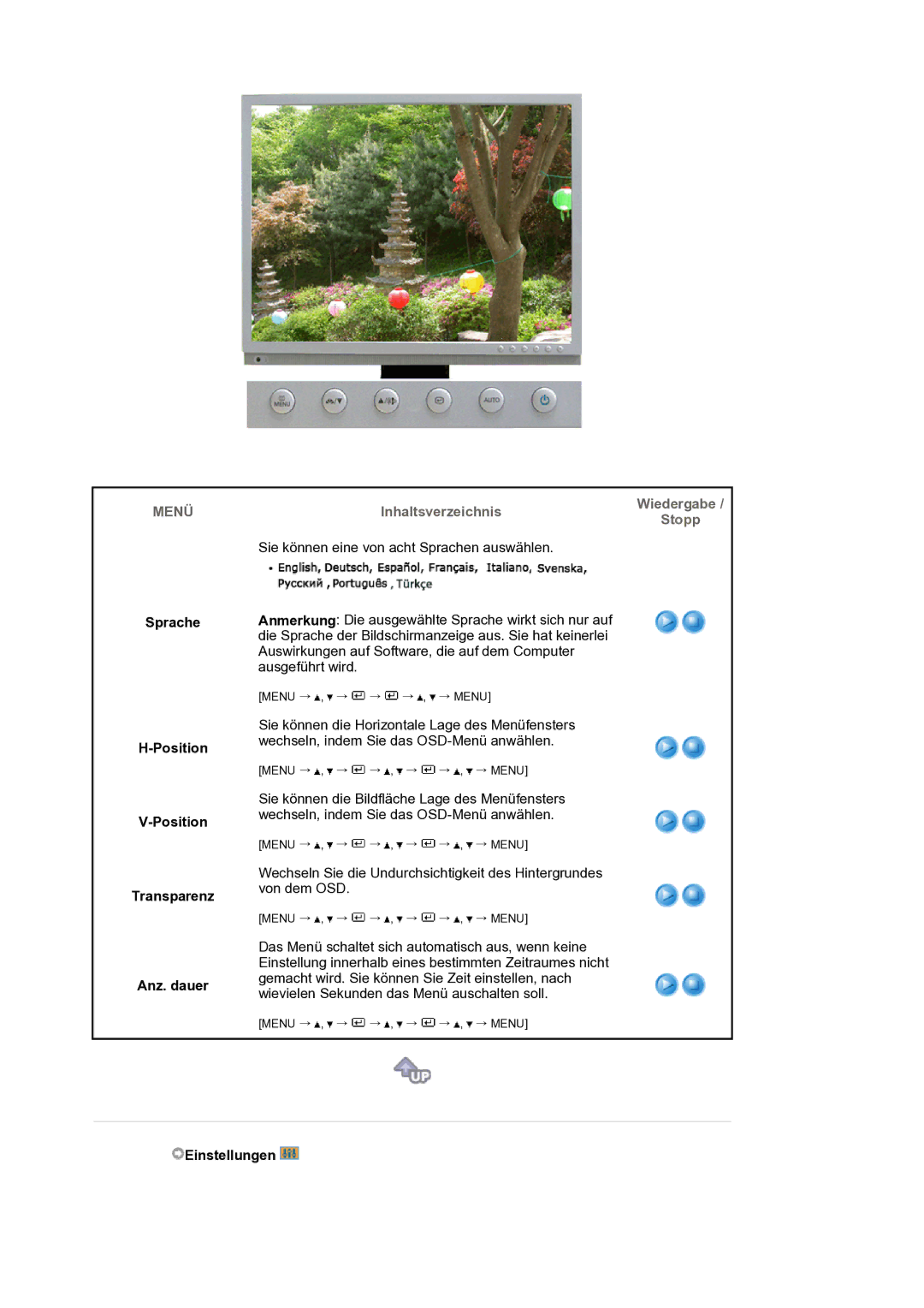 Samsung LS20HAMBSQ/EDC manual Sprache Position Transparenz Anz. dauer, Einstellungen 